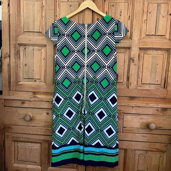 Eliza J Size 8 Dress Diamond Pattern Short Sleeve Navy Blue Green White Shift - Picture 6 of 6